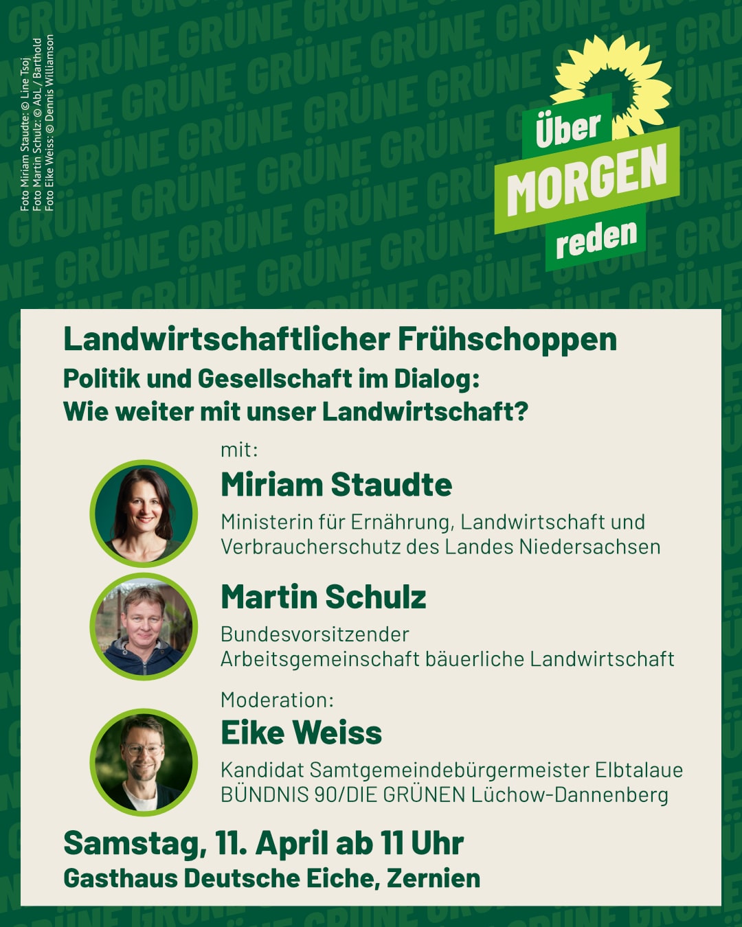 Das Bild zeigt die gleichen Informationen, wie auch in der Caption: Zusätzlich prangt auf dem Bild noch ein Logo mit Sonnenblume auf dem steht "Über morgen reden".